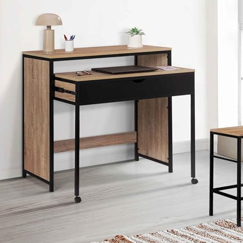 IDMarket – Escritorio extensible con 1 cajón Boston Madera y Negro Diseño Industrial