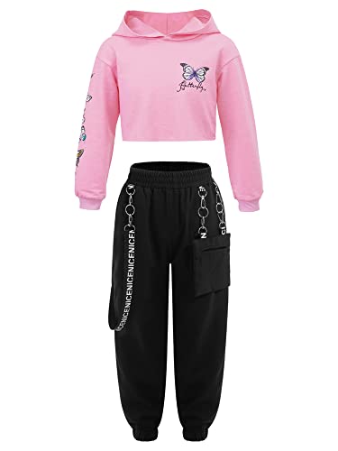 IEFIEL Conjunto de Danza Moderno Hiphop para Niñas Chándal Sudadera de Manga Larga y Pantalones Largos Cargos de Deportivos Ropa de Primavera Otoño 3-16 Años B Rosa 11-12 años
