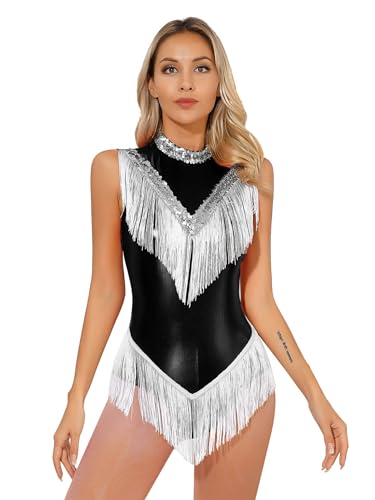 IEFIEL Maillot Brillante de Baile Latino para Niña con Borlas y Lentejuelas Leotardo de Gimnasia Rítmica Body de Danza Disfraz de Bailarina S-XXL A Negro M