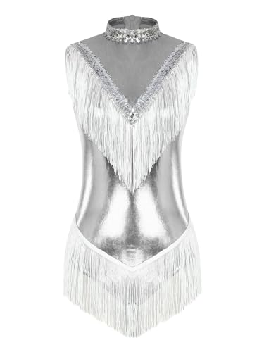 IEFIEL Maillot Brillante de Baile Latino para Niña con Borlas y Lentejuelas Leotardo de Gimnasia Rítmica Body de Danza Disfraz de Bailarina S-XXL A Plateado S