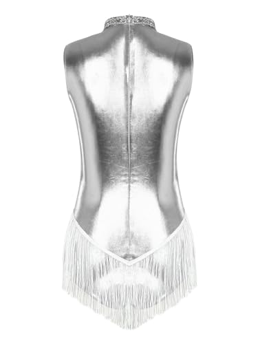 IEFIEL Maillot Brillante de Baile Latino para Niña con Borlas y Lentejuelas Leotardo de Gimnasia Rítmica Body de Danza Disfraz de Bailarina S-XXL A Plateado S