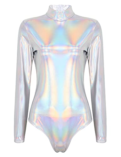 IEFIEL Maillot de Danza Ballet para Mujer Body Brillante de Manga Larga Maillot Elástico con Cuello Alto Leotardo Gimnasia Rítmica de Bailarina XS-3XL Verde oscuro B S