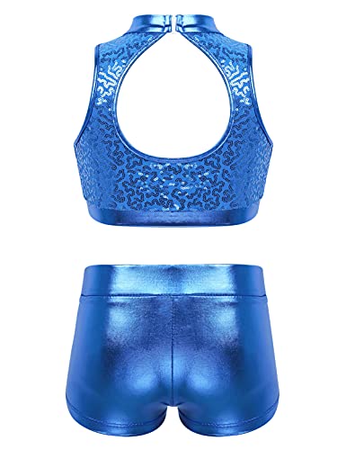 IEFIEL Maillot Lentejuelas de Patinaje Artístico para Niña Conjuntos de Danza Moderna Crop Top +Leggings Pantalones Cortos de Danza Gimnasia Disfraz de Baile Azul 13-14 años