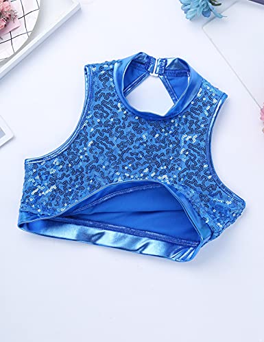 IEFIEL Maillot Lentejuelas de Patinaje Artístico para Niña Conjuntos de Danza Moderna Crop Top +Leggings Pantalones Cortos de Danza Gimnasia Disfraz de Baile Azul 13-14 años