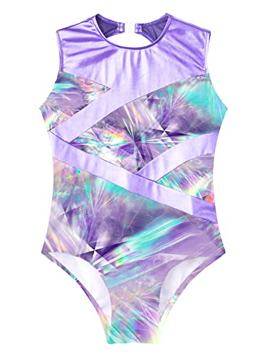 IEFIEL Maillot Lentejuelas de Patinaje Artistico Para Niña Mono Elástico de Gimnasia Ritmica Traje Ballet Niña Maillot de Danza Clásica S Lavanda 11-12 años