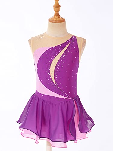 IEFIEL Maillot Patinaje Artístico Niña Vestido Brillante de Danza Ballet Maillot con Falda de Gimnasia Ritmica Disfraz Bailarina Niña V Morado 7-8 años