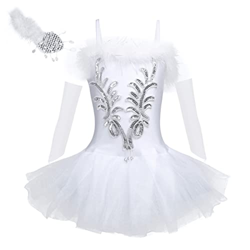 IEFIEL Vestido de Bailarina Ballet Cisne para Niña con Lentejuelas Rendimiento Maillot con Falda Tutú y Corona y Clips Floral Traje de Gimnasia Rítmica Patinaje 4-16 Años D Blanco 4-5 años