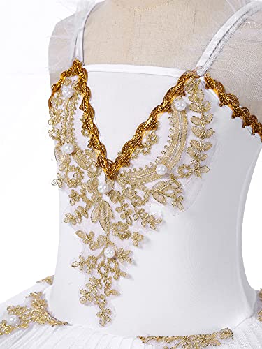 IEFIEL Vestido de Bailarina Ballet Cisne para Niña con Lentejuelas Rendimiento Maillot con Falda Tutú y Corona y Clips Floral Traje de Gimnasia Rítmica Patinaje 4-16 Años F Blanco A 8-10 años