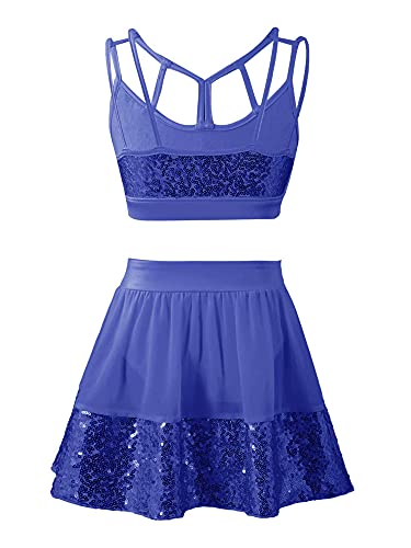 IEFIEL Vestido de Danza Lirica Niña Crop Top Tirantes+Falda Corta Vestido Princesa de Danza Moderna Maillot Lentejuelas de Danza Latina Disfraz de Bailarina Azul Oscuro 14 años