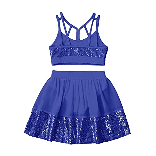 IEFIEL Vestido de Danza Lirica Niña Crop Top Tirantes+Falda Corta Vestido Princesa de Danza Moderna Maillot Lentejuelas de Danza Latina Disfraz de Bailarina Azul Oscuro 14 años