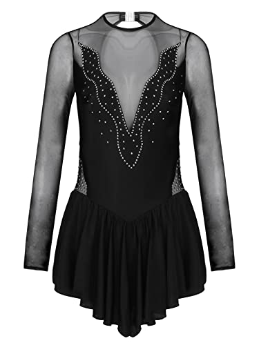 IEFIEL Vestido de Danza Patinaje Hielo para Mujer Manga Larga Maillot de Ballet Gimnasia con Falda Tul Vestido de Bailarina Ballet B Negro S