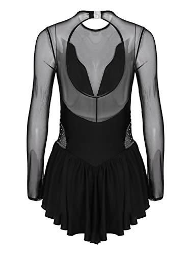 IEFIEL Vestido de Danza Patinaje Hielo para Mujer Manga Larga Maillot de Ballet Gimnasia con Falda Tul Vestido de Bailarina Ballet B Negro S