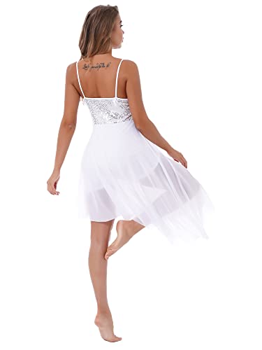IEFIEL Vestido Lentejuelas de Danza Ballet Lírica Mujer Maillot de Baile Latino Vestido Tul de Gimnasia Rítmica Disfraz Bailarina Mujer S-XXL D Blanco S