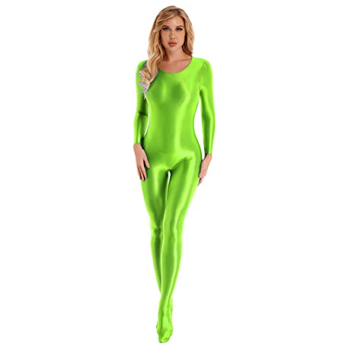 iiniim Body Ajustado Manga Larga para Mujer Cuello Redondo Monos de Gimnasia Ritmica Leotardo de Patinaje Artistica Jumpsuit Bodysuit Catsuit A Verde M