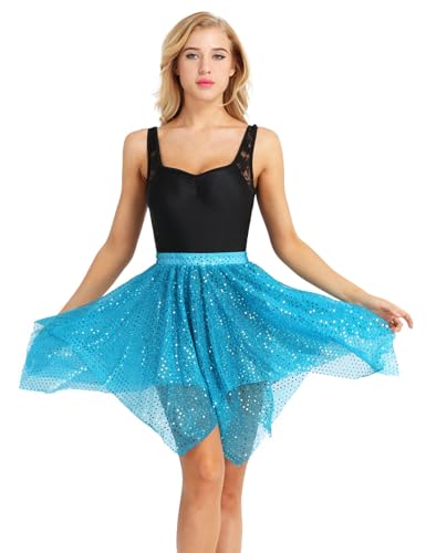 iiniim Falda Corta Polka Dots para Danza Balie Latino Moderno Ballet Mujer Lunares Lentejuela Brillante Cintura Elástica Ropa Deportiva Traje Profesional para Chica Bailarín Azul Claro Talla única