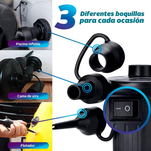 Inflador Eléctrico 240V AC / 12V DC - Hinchador Electrico con 3 Boquillas y 2 Enchufes para Casa y Coche - Bomba de Aire 2 en 1 Inflador y Desinflador para Piscinas Hinchables, Colchones Inflables