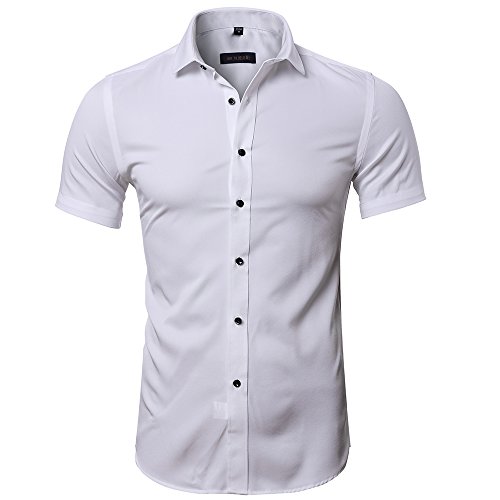 INFLATION Camisas de vestir de manga corta para hombres con botones casuales de bambú ajustadas [Pequeña-Blanco]