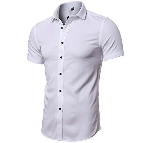 INFLATION Camisas de vestir de manga corta para hombres con botones casuales de bambú ajustadas [Pequeña-Blanco]