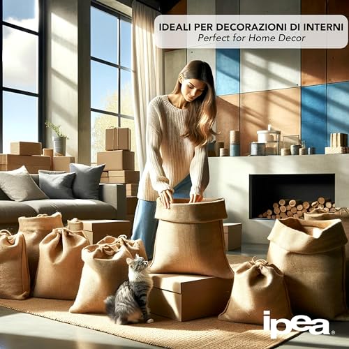 IPEA Bolsas de Yute de Grandes Dimensiones – 80 x 50 cm – Made in Italy – 5 Unidad – Saco de Yute Tejido Natural para Manualidades, Decoración, Jardín, Fiestas, Bricolaje, Caja de Objetos