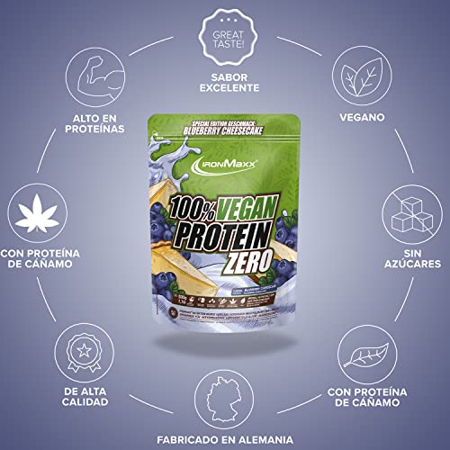 IronMaxx Proteína 100% Vegana Cero - cheesecake de arándanos de 500g |proteína vegana en polvo de 4 componentes y sin azúcar|proteína en polvo sin aspartamo