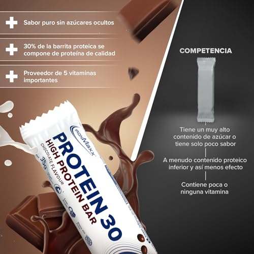 IronMaxx Proteína 30 barrita proteica- chocolate 24 x 35g | barrita proteica sin aceite de palma y sin gluten con vitaminas | adecuado para una alimentación baja en azúcar y carbohidratos