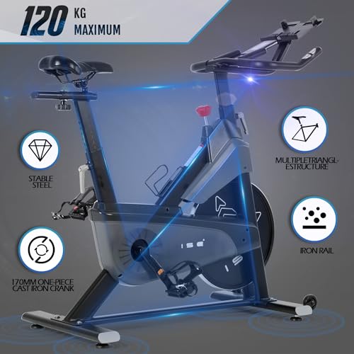 ISE Estática de Profesional con Sensor de Pulso, Ajustable Resistencia, Pantalla, Bicicleta Fitness de Gimnasio Ejercicio con Volante de Inercia de 10kg, Sillín y Reposabrazos Ajustable, SY-7601
