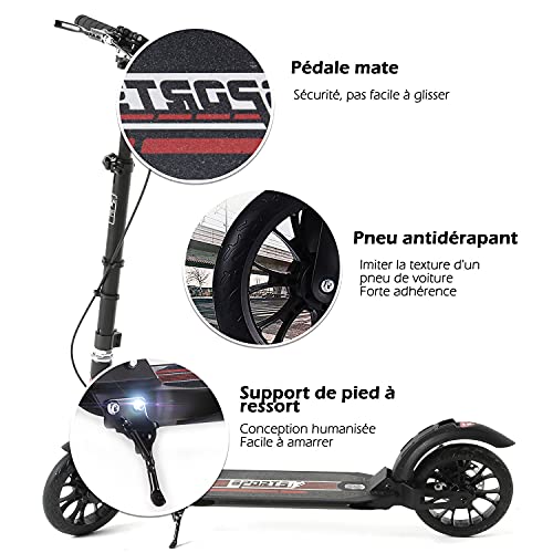 ISE Patinetes Plegable de 2 Grandes Ruedas, Kick Scooter de Manillar Ajustable 93-107cm con 200mm Ruedas y Freno de Guardabarros Trasero&Mano, Máx 100kg, Negro&Rojo, SY-SC002