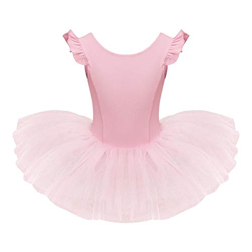 IWEMEK Vestido Bailarina Niña Maillot Ballet Mangas Volantes Plisadas Cuello Redondo Falda Tutu Color Sólido Disfraz Gimnasia Patinadora Artistica Danza Clasica Carnaval Princesa Rosa 3-4 años
