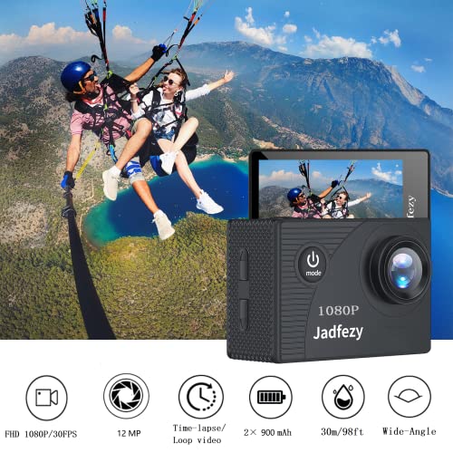 Jadfezy Cámara Deportiva HD 1080P, Cámara subacuática 30M con 140 Grados Gran Angular, Cámara de acción 2 baterías Recargables de 900mAh y Kit de Accesorios