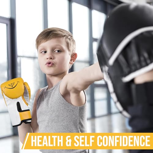 Jayefo Guantes de Boxeo para niños y niños, Guantes de Boxeo Juveniles para Boxeo, Muay Thai y Artes Marciales Mixtas, Guantes de Bolsa Pesada para Saco de Boxeo Pesado, 6 onzas, Amarillo