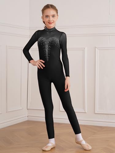 JEATHA Maillot de Danza Ballet para Niña Manga Larga con Pedrería Brillante Leotardo Gimnasia Rítmica Patinaje Elástico Mono de Deportivo Fitness Yoga 5-16 Años W Negro 15-16 años