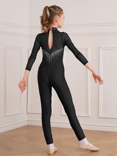 JEATHA Maillot de Danza Ballet para Niña Manga Larga con Pedrería Brillante Leotardo Gimnasia Rítmica Patinaje Elástico Mono de Deportivo Fitness Yoga 5-16 Años W Negro 15-16 años
