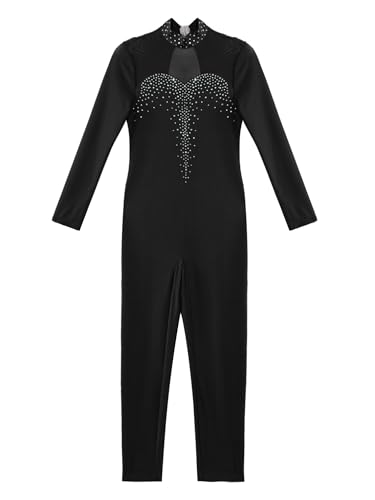 JEATHA Maillot de Danza Ballet para Niña Manga Larga con Pedrería Brillante Leotardo Gimnasia Rítmica Patinaje Elástico Mono de Deportivo Fitness Yoga 5-16 Años W Negro 15-16 años