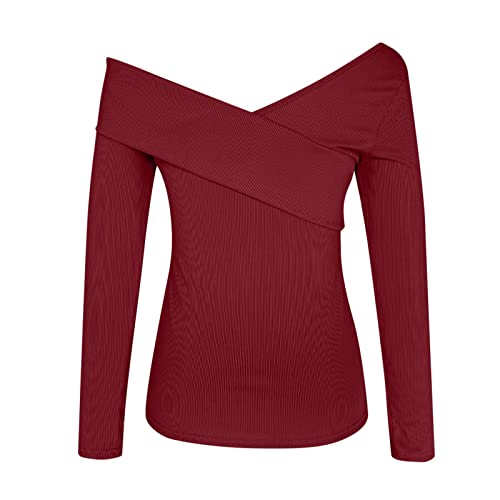 Jersey para mujer ajustado, color sólido, cruzado, cuello en V, hombros descubiertos, manga larga, camiseta superior, rojo, XL