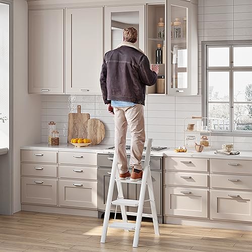 JOISCOPE Escalera Plegable de 3 peldaños, Escalera Plegable con Pasamanos, Escalera Doméstica, Peldaño Antideslizante Ensanchado, Escalera Multifuncional, Blanco