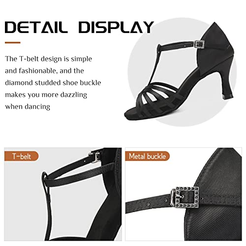 JUODVMP Zapatillas Baile Latino Mujer Negro con Correa en T Satén Salón Salsa de Baile práctica de Rendimiento Zapatos Tacon 7.5 cm Modelo WZSP217, 38 EU