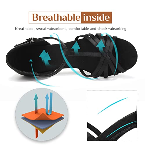 JUODVMP Zapatillas Baile Latino Mujer Negro con Correa en T Satén Salón Salsa de Baile práctica de Rendimiento Zapatos Tacon 7.5 cm Modelo WZSP217, 38 EU