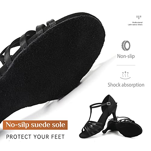 JUODVMP Zapatillas Baile Latino Mujer Negro con Correa en T Satén Salón Salsa de Baile práctica de Rendimiento Zapatos Tacon 7.5 cm Modelo WZSP217, 38 EU