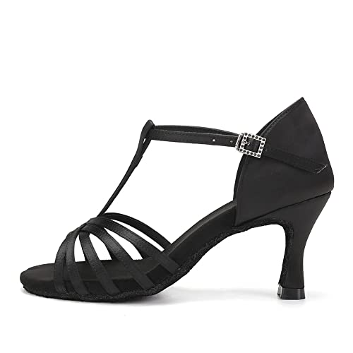 JUODVMP Zapatillas Baile Latino Mujer Negro con Correa en T Satén Salón Salsa de Baile práctica de Rendimiento Zapatos Tacon 7.5 cm Modelo WZSP217, 38 EU