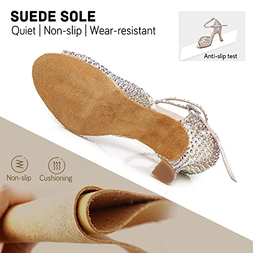 JUODVMP Zapatos de Baile Latino para Mujer Rhinestones Desnudo Estándar Salsa de Salón Tango Moderno Profesional 7.5cm Tacón, Modelo YCL430,38EU