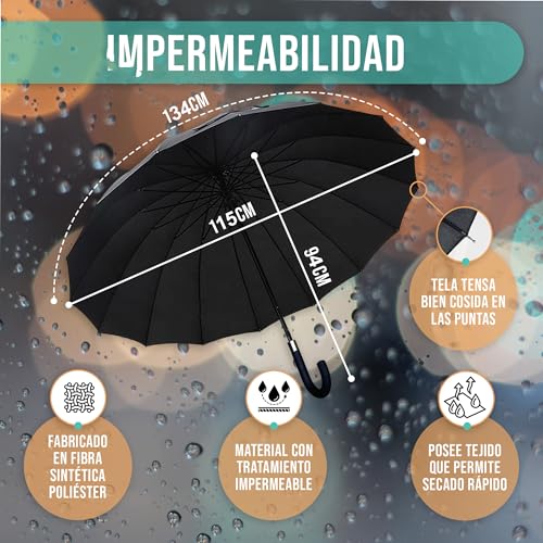 KARNIBAL Paraguas Grande XXL Resistente Al Viento, 16 Varillas Reforzadas, Paraguas Plegable Antiviento Dama o Caballero, Mujer Hombre Negro Extra Grande, Automático, 115cm Diametro