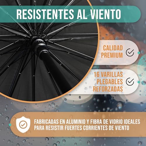 KARNIBAL Paraguas Grande XXL Resistente Al Viento, 16 Varillas Reforzadas, Paraguas Plegable Antiviento Dama o Caballero, Mujer Hombre Negro Extra Grande, Automático, 115cm Diametro