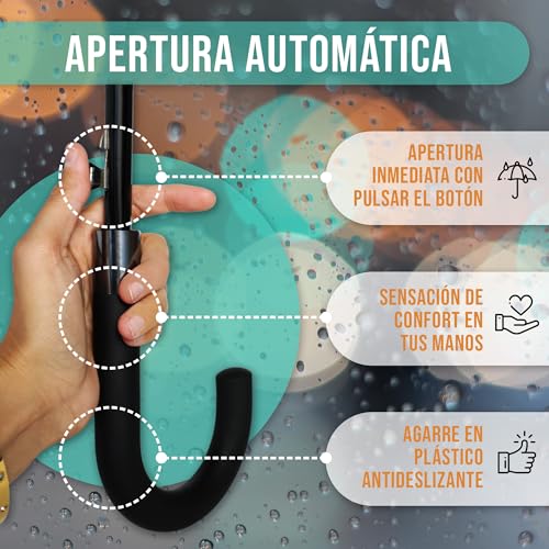 KARNIBAL Paraguas Grande XXL Resistente Al Viento, 16 Varillas Reforzadas, Paraguas Plegable Antiviento Dama o Caballero, Mujer Hombre Negro Extra Grande, Automático, 115cm Diametro