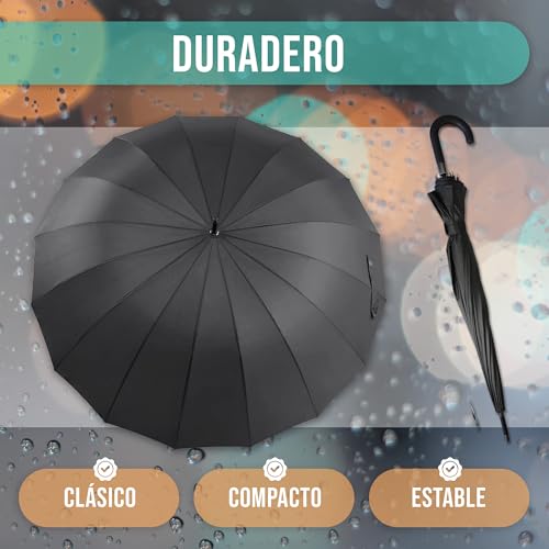 KARNIBAL Paraguas Grande XXL Resistente Al Viento, 16 Varillas Reforzadas, Paraguas Plegable Antiviento Dama o Caballero, Mujer Hombre Negro Extra Grande, Automático, 115cm Diametro