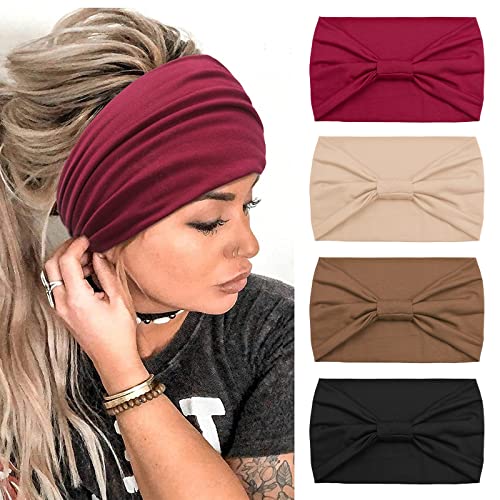 KAVYA 4 piezas Diadema Mujer, Elásticas Anchas Diademas Suaves, Bohemias Estampado Cinta Pelo de Leopardo, Para Yoga Ejercicio Diario Fitness(C)