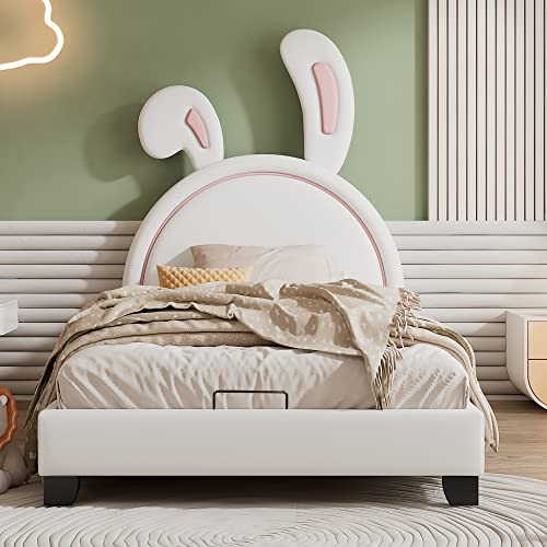 KecDuey Cama acolchada de 90 x 200 cm, cuna con somier y respaldo, cama para niñas en forma de orejas de conejo con pies elevados, color blanco (colchón no incluido) (blanco)