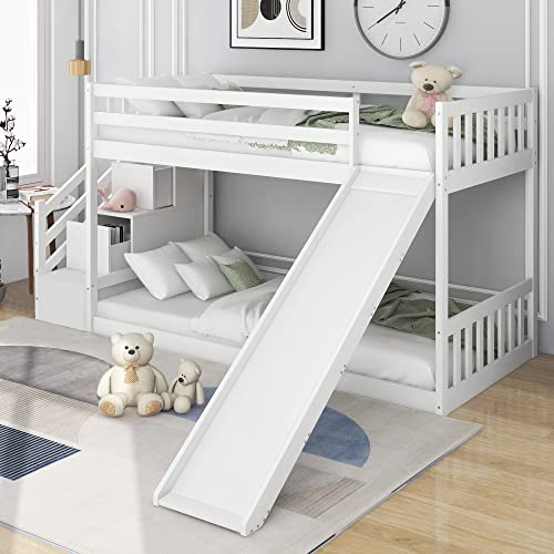 KecDuey Litera de 90 x 200 cm, cuna con escalera y tobogán, marco de madera de pino maciza, cama de casa con 2 cajones en la escalera