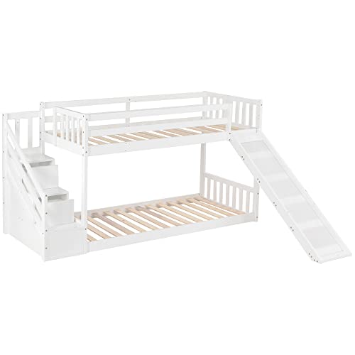 KecDuey Litera de 90 x 200 cm, cuna con escalera y tobogán, marco de madera de pino maciza, cama de casa con 2 cajones en la escalera