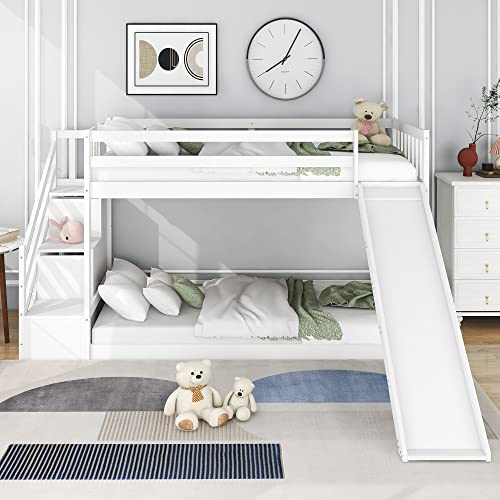 KecDuey Litera de 90 x 200 cm, cuna con escalera y tobogán, marco de madera de pino maciza, cama de casa con 2 cajones en la escalera