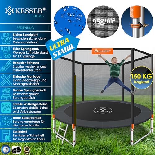 KESSER® - Trampolín de 244 cm de diámetro | Certificado TÜV SÜD GS | Juego completo con red de seguridad, escalera, cubierta de borde y accesorios | Cama elástica para niños de jardín Capacidad de